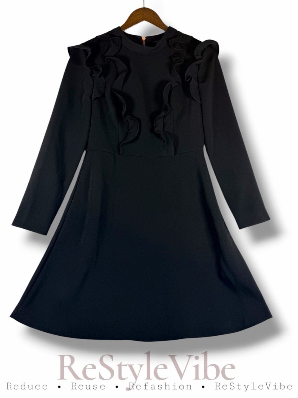 TED BAKER Women’s Size 2 Dress Long Sleeve Mini Length Black Ruffle Detail